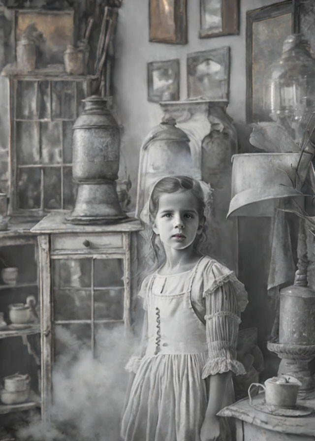 Young girl in vintage dress surrounded by antique objects and misty room