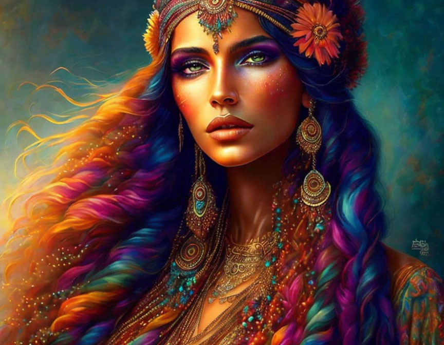 Colorful woman with intricate jewelry and floral adornments.