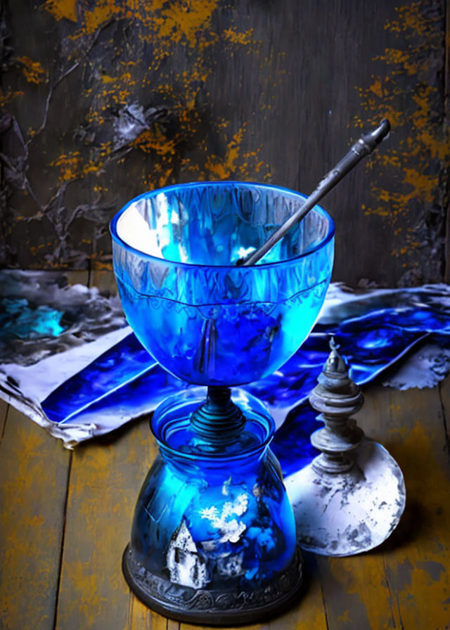 Antique Blue Glass Dessert Cup with Spoon on Wooden Surface