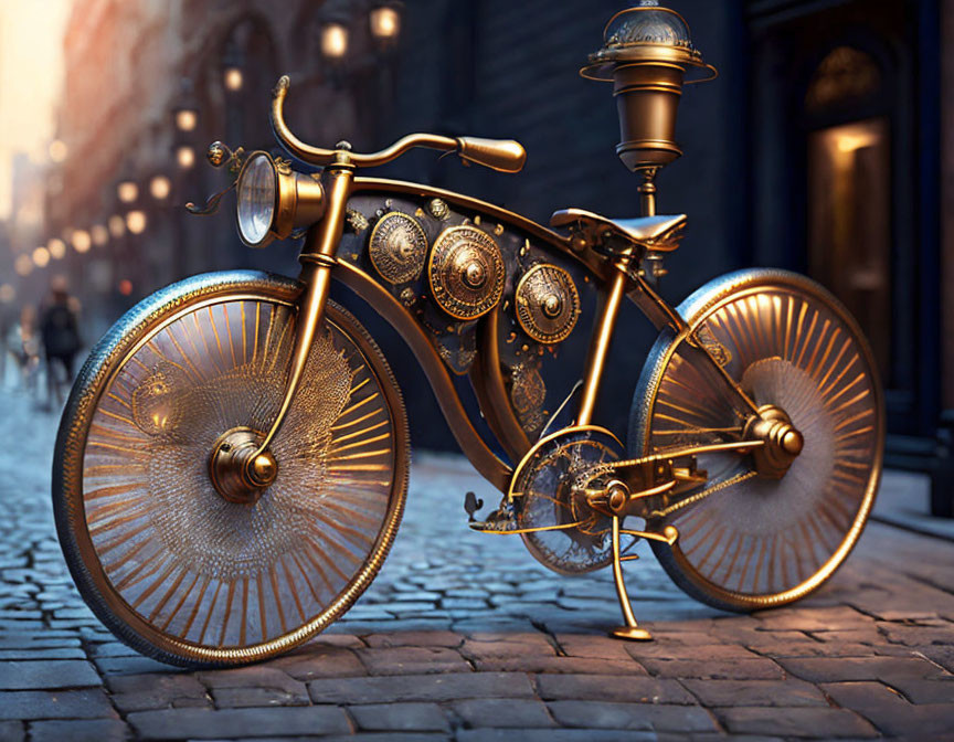 Steampunk-inspired vintage bicycle with golden accents on cobbled street at dusk