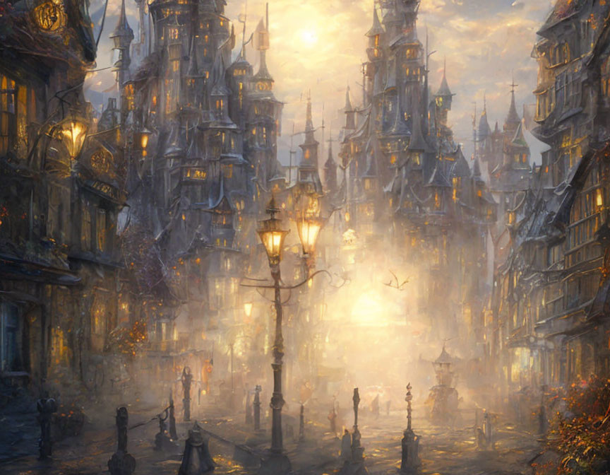 Fantasy cityscape at dusk with illuminated street lamps and towering buildings