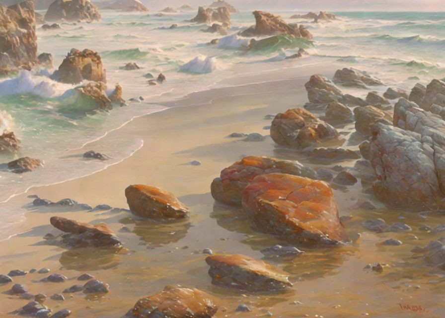 Tranquil beach scene with rocks, gentle waves, and warm haze