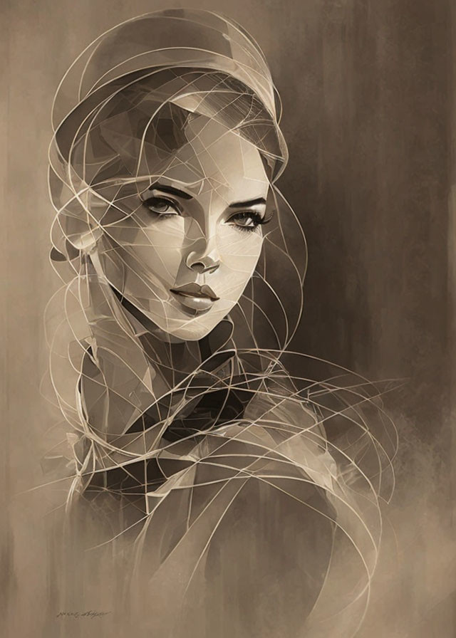 Monochromatic stylized portrait of a woman with abstract lines on sepia background