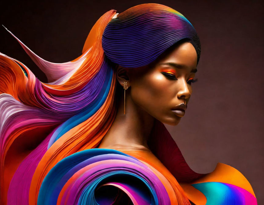 Vibrant multicolored hair art against dark background