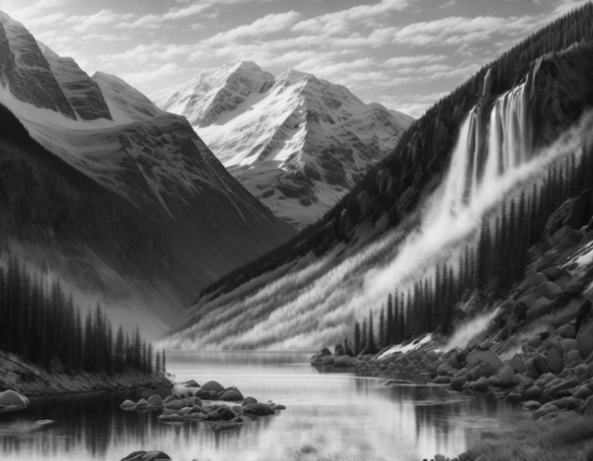 Serene monochromatic landscape with waterfalls, river, mountains, and trees