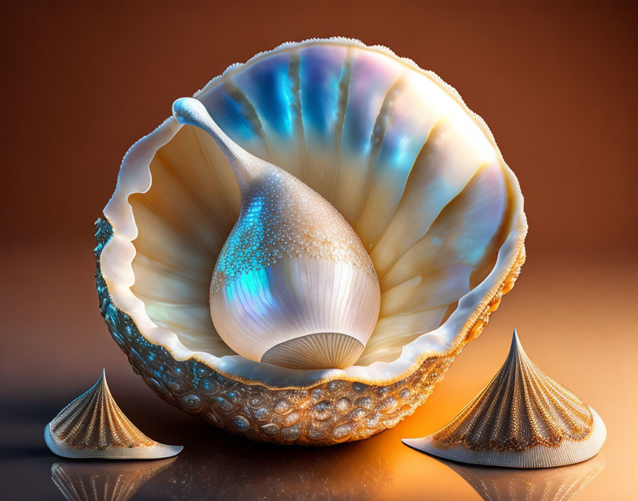 Pearlescent shell revealing futuristic structure on orange background with conical shells.