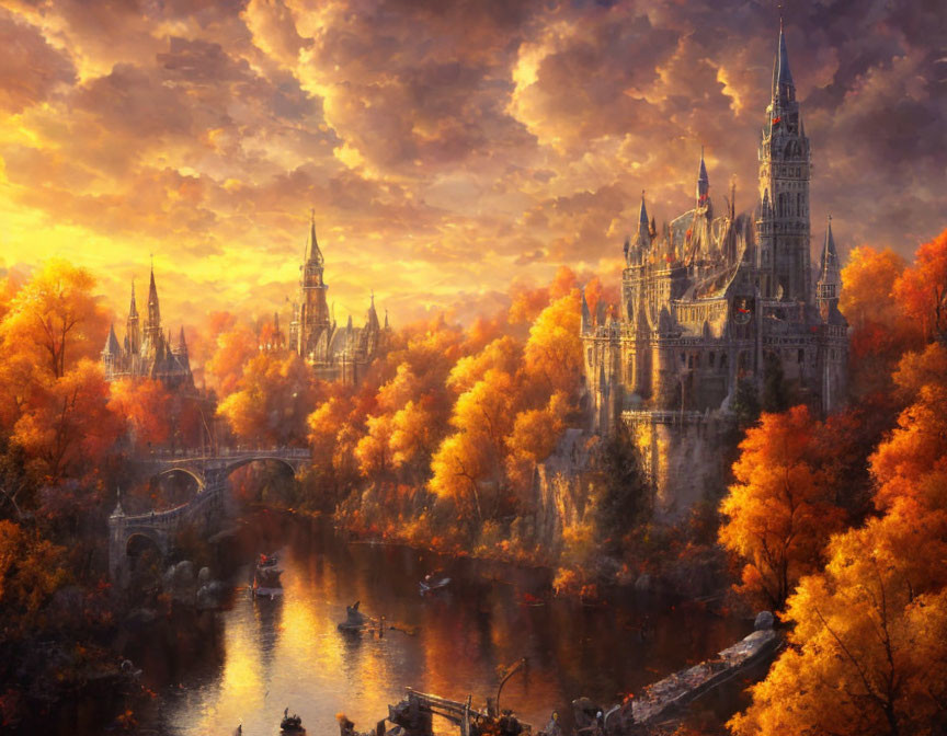 Fantasy landscape with grand castle, autumn trees, river, boats, dramatic sunset sky