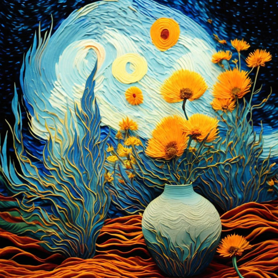 Vibrant yellow flowers in front of Van Gogh's "Starry Night" background