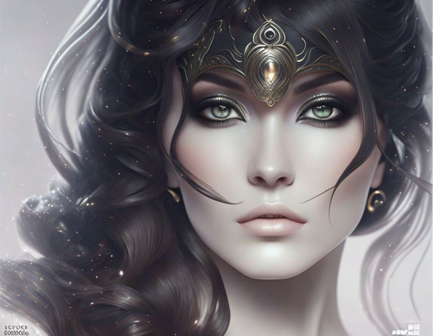 Illustrated female with wavy hair and ornate headpiece featuring gold accents