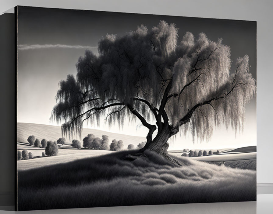 Monochromatic canvas: Sprawling willow tree with textured grass & hills