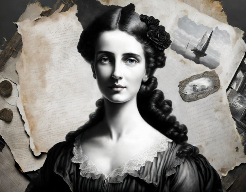 Dark-haired woman in 19th-century attire with vintage documents, ship illustration, and oyster shell