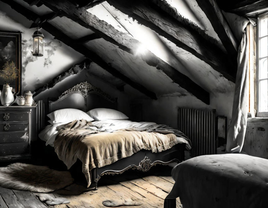 Rustic attic bedroom with wooden beams, plush bed, fur rug, and natural light