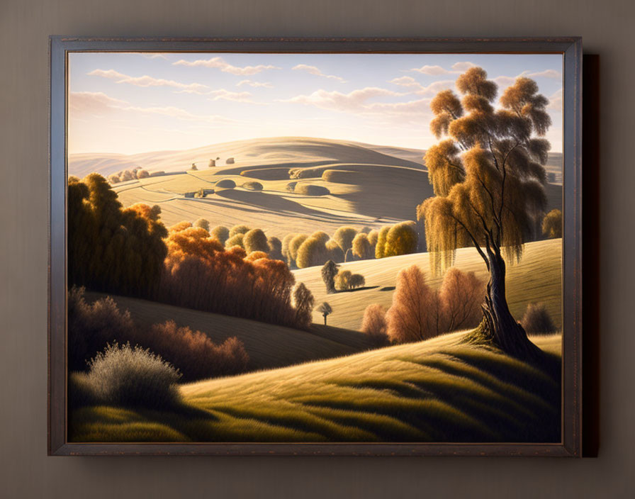 Serene landscape painting with rolling hills and autumn trees