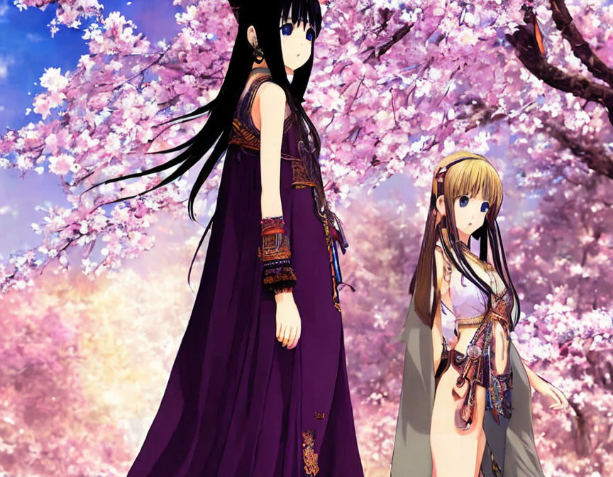 Animated characters in traditional dresses under cherry blossoms