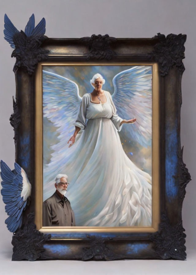 Elderly man admires angelic figure painting with black bird sculptures