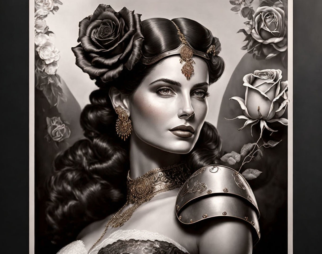 Stylized woman with roses in hair and gauntlet in monochrome art