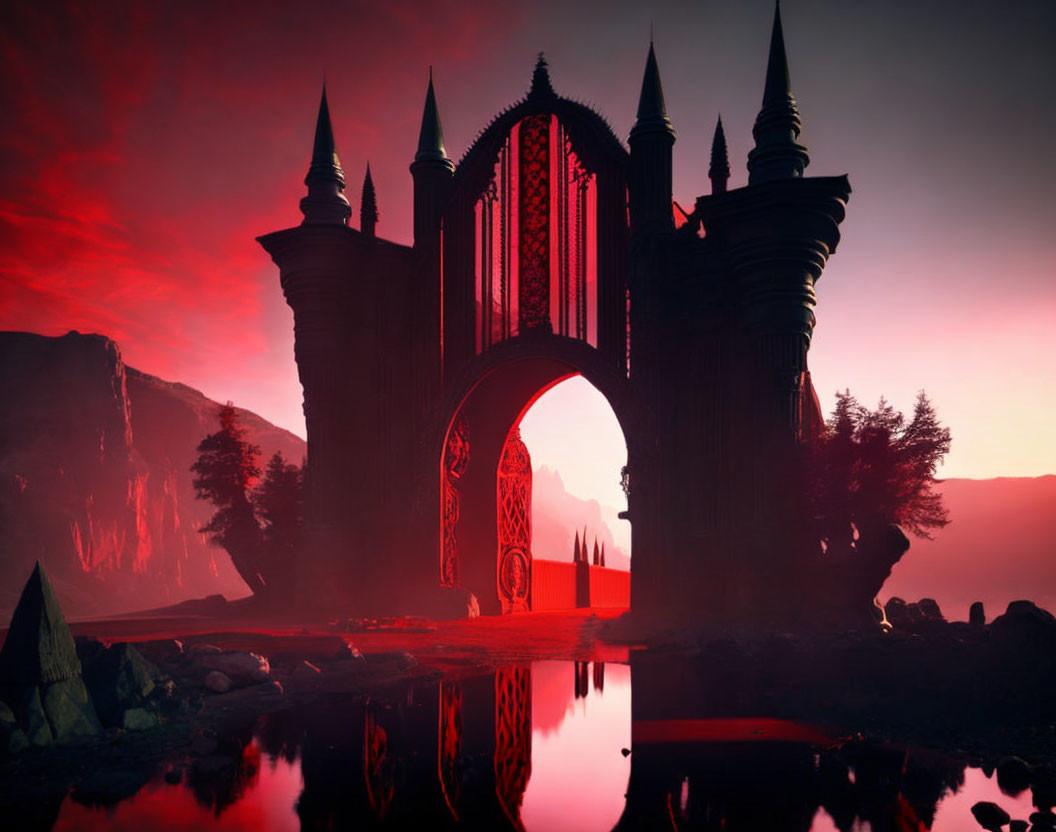 Fantasy landscape with ornate gothic gate and red sky reflection