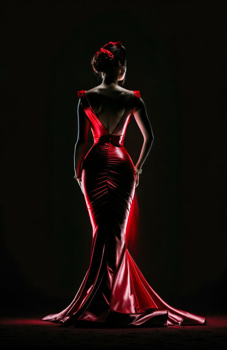 Woman in Red Gown with Plunging Backline and Bow Details