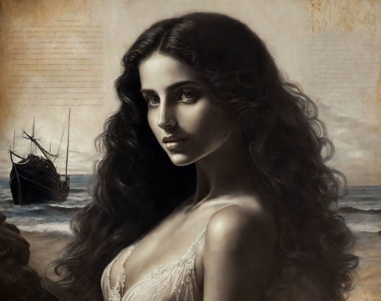 Portrait of contemplative woman with long wavy hair against shipwreck backdrop