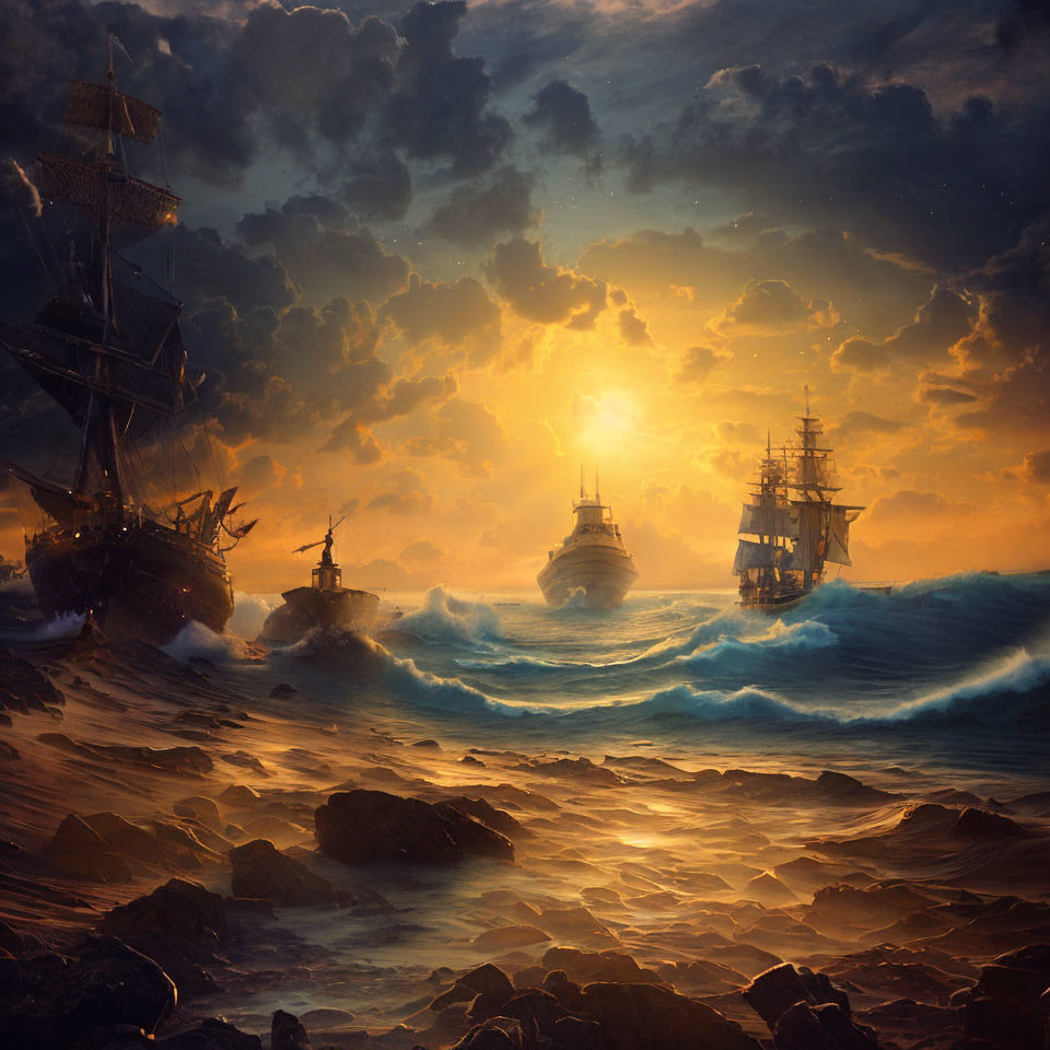 Sailing ships battling rough seas at sunset over rocky shoreline