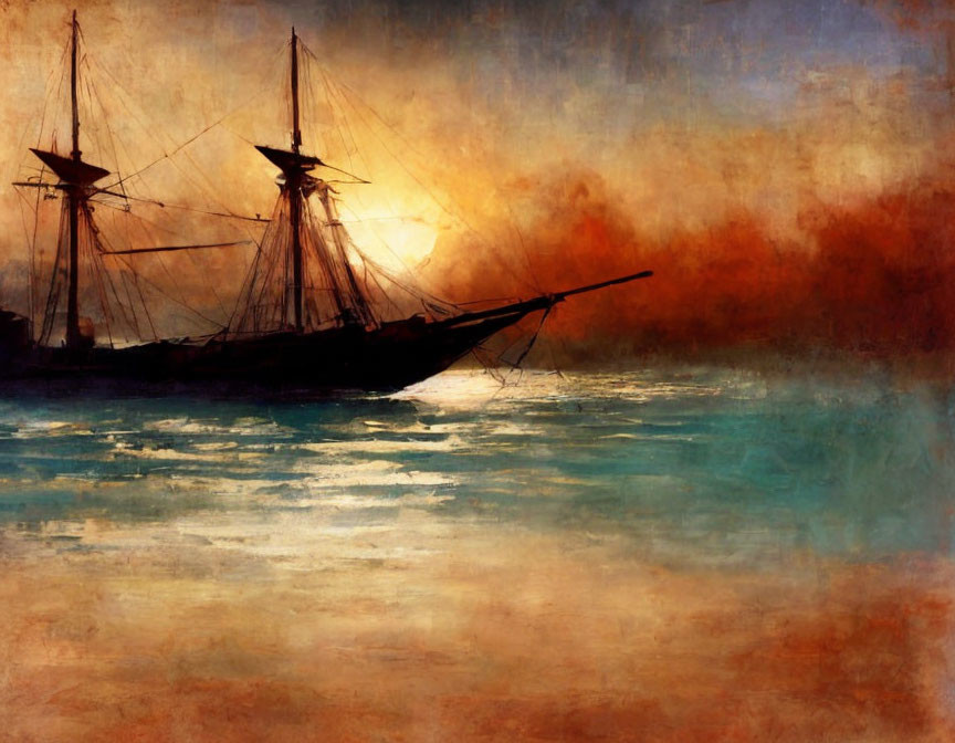 Vintage sailing ship at sea during sunset with warm hues and water reflections.