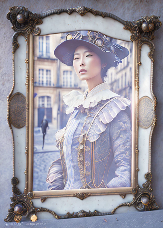 Asian woman in steampunk attire with ornate golden frame