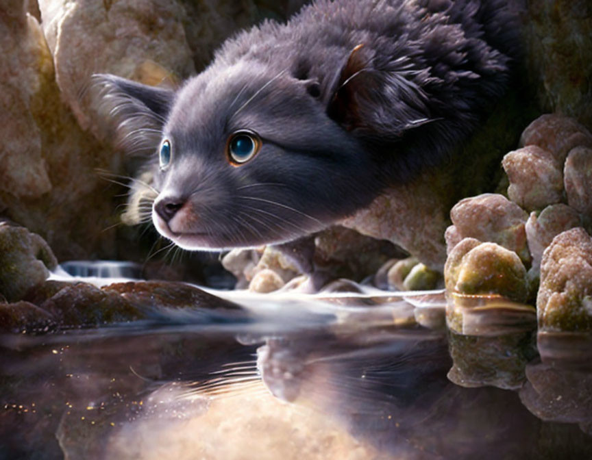 Gray Cat with Yellow Eyes Peering Between Rocks and Reflecting in Water