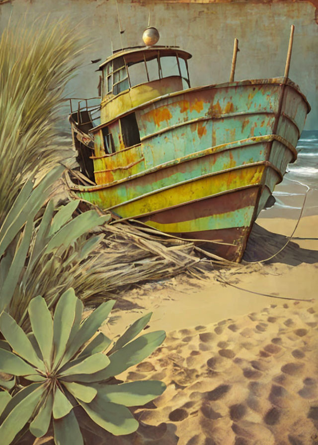 Rusty abandoned boat on sandy shore with overgrown plants