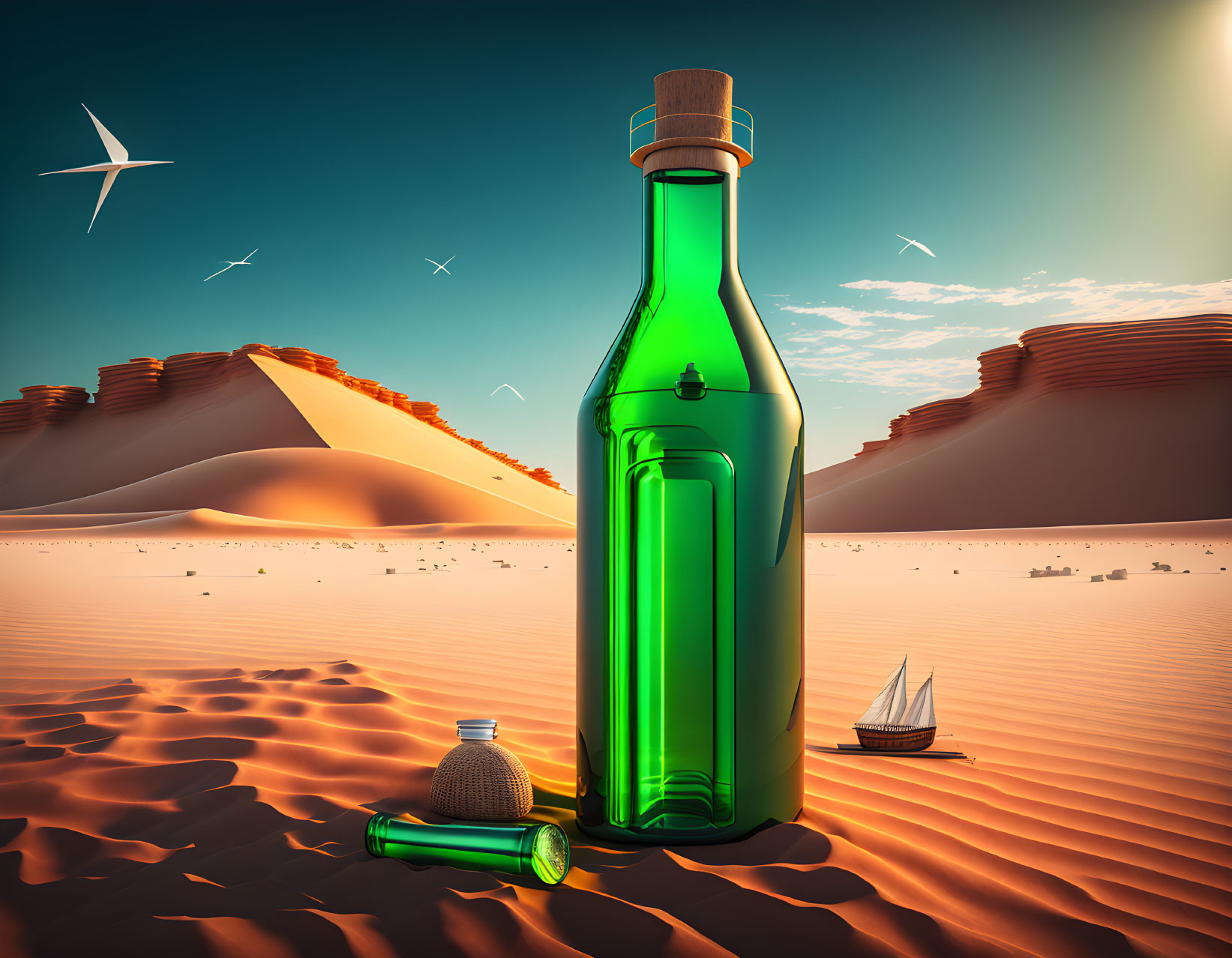 Surreal desert landscape with green glass bottle, sailboat, and birds