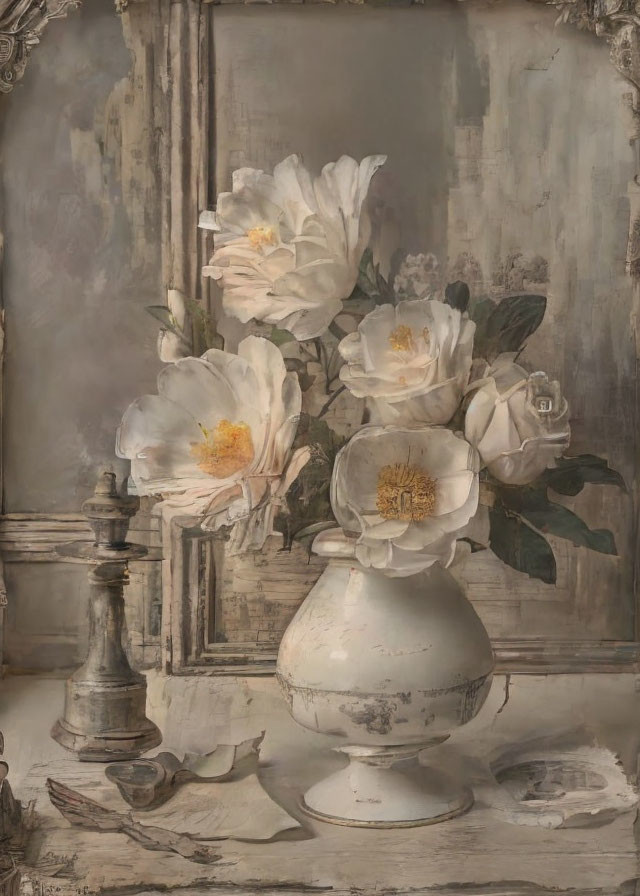 Classic Still-Life Painting: White Roses in Worn Vase