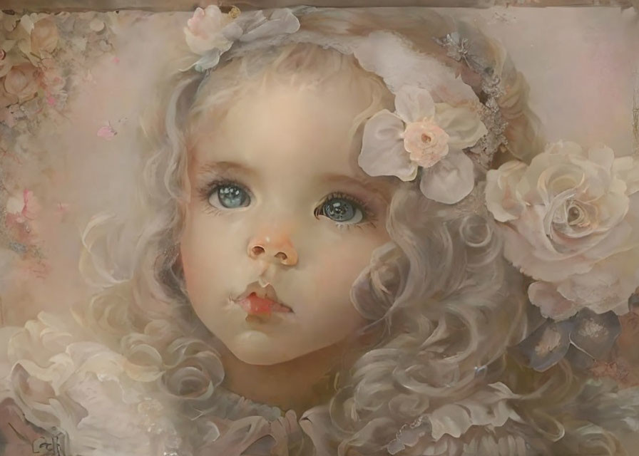 Portrait of Young Girl with Blue Eyes and Floral Hair in Pink Rose Surroundings