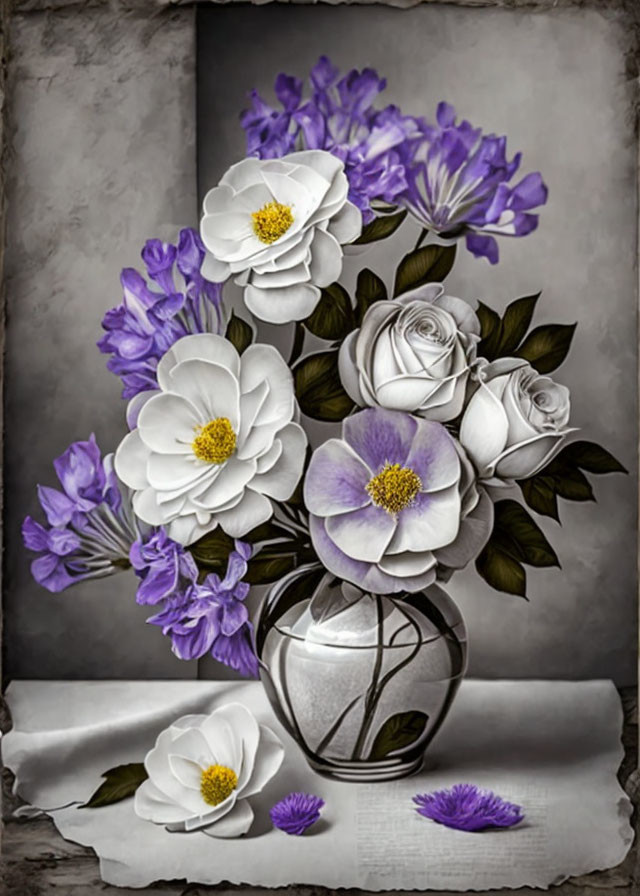 Glass vase with white and purple flowers on draped cloth against textured backdrop