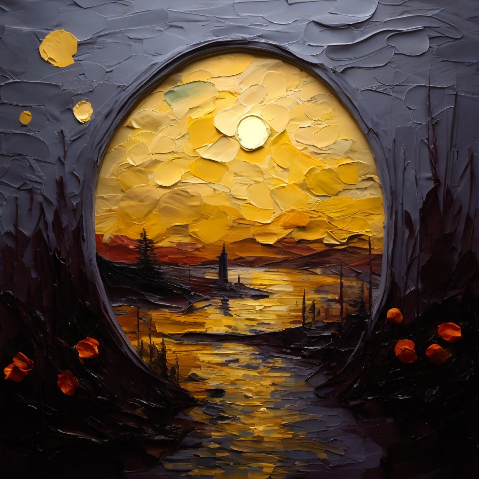 Circular sunset lake painting with bold strokes and silhouetted trees