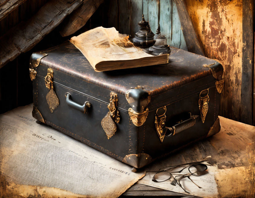 Vintage suitcase, glasses, book, and inkpot on aged documents.