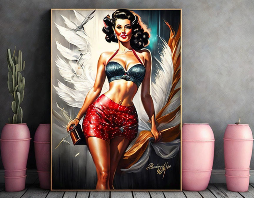 Stylized vintage pin-up woman with angel wings and smoking pistol in framed painting