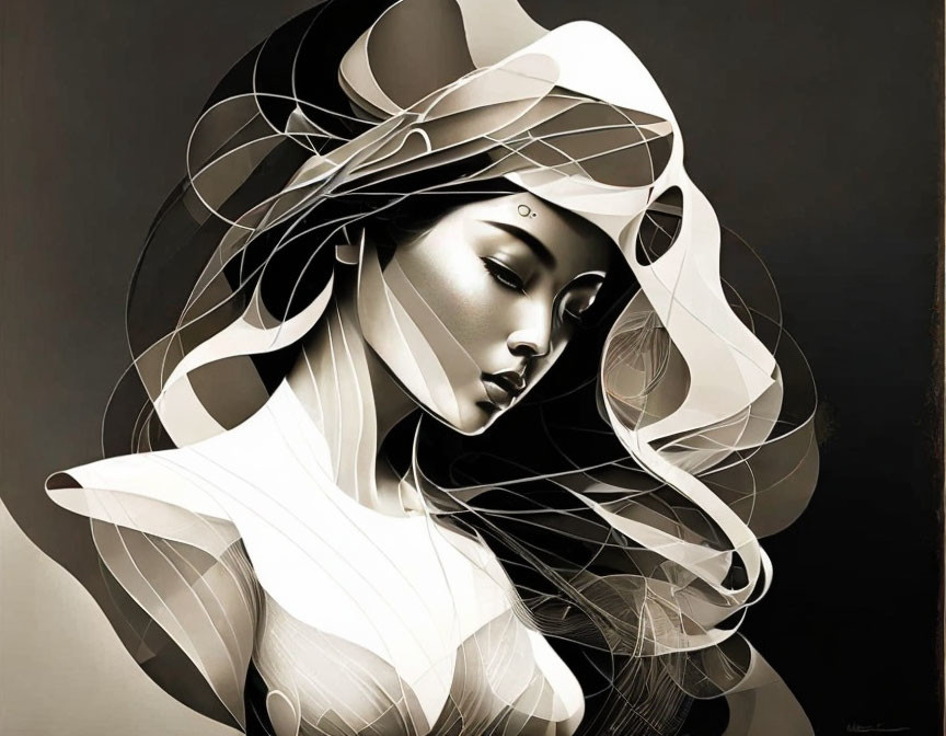 Monochromatic stylized woman with flowing hair and abstract lines