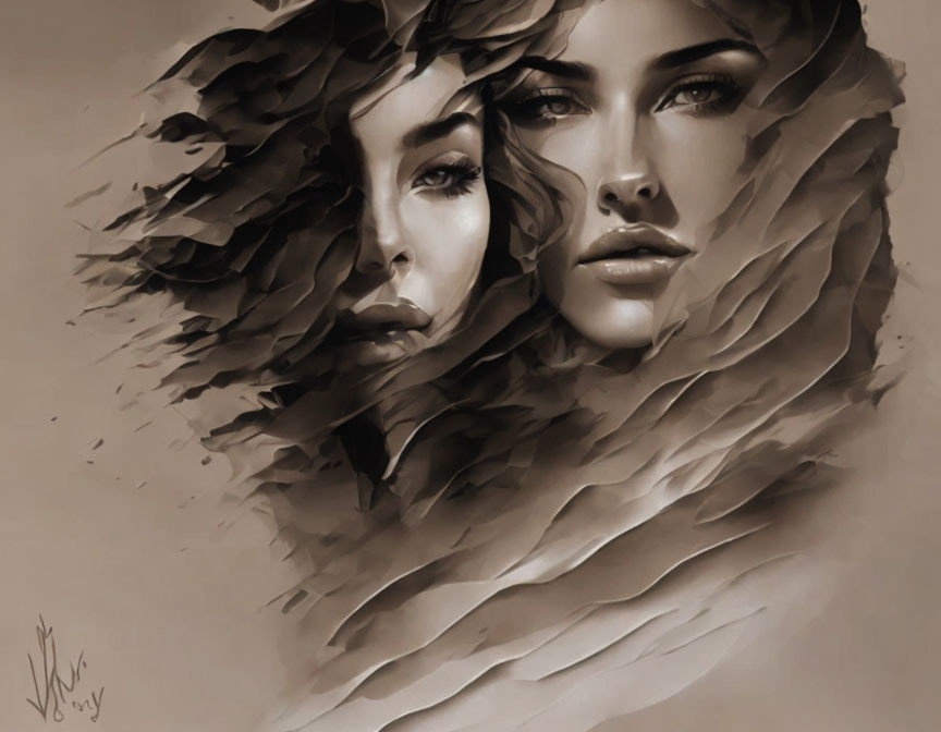 Dual-faced woman in sepia-toned artistic illustration