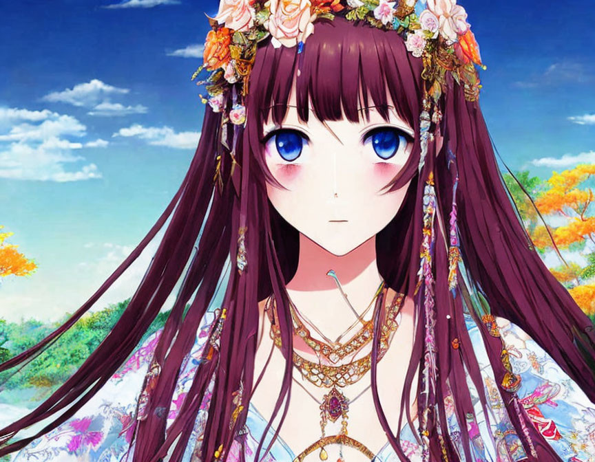 Long brown hair, blue-eyed anime girl with floral crown and golden jewelry in vibrant setting