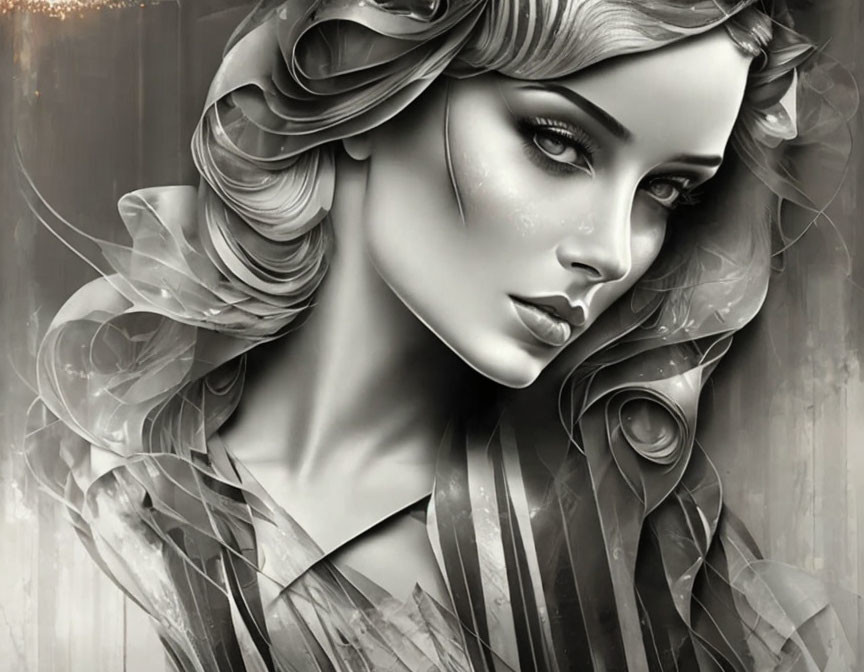 Stylized monochrome illustration of a woman with elegant, wavy hair and intricate patterns.