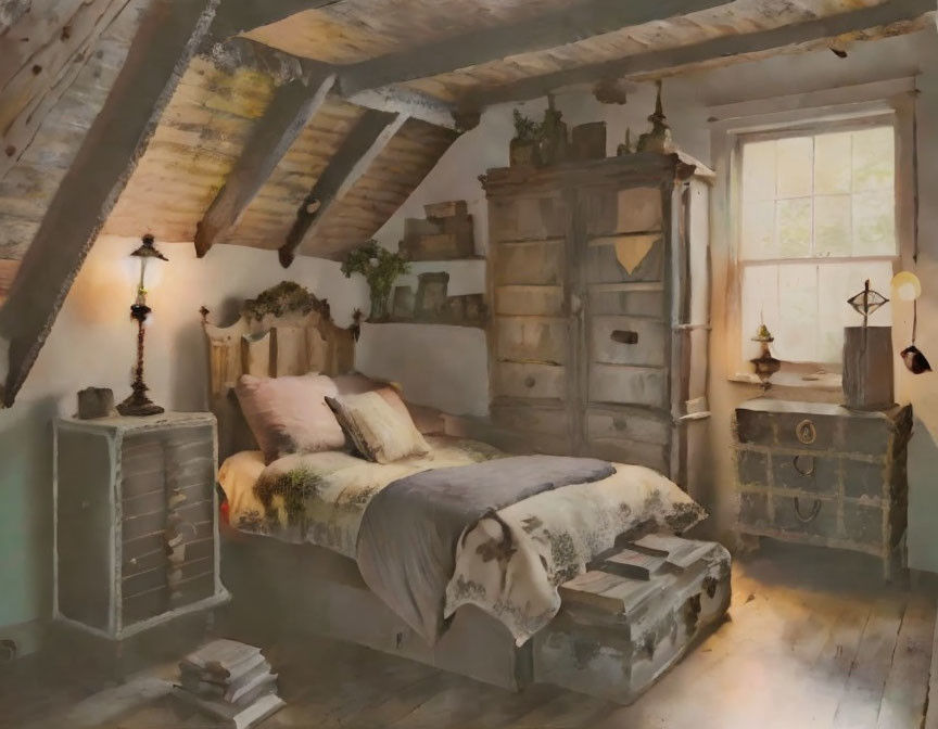 Rustic attic bedroom with slanted ceiling and vintage furniture