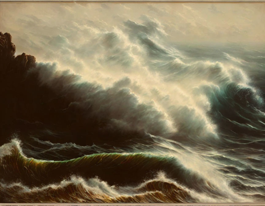 Stormy Sea Painting with Dark Waves and Moody Sky