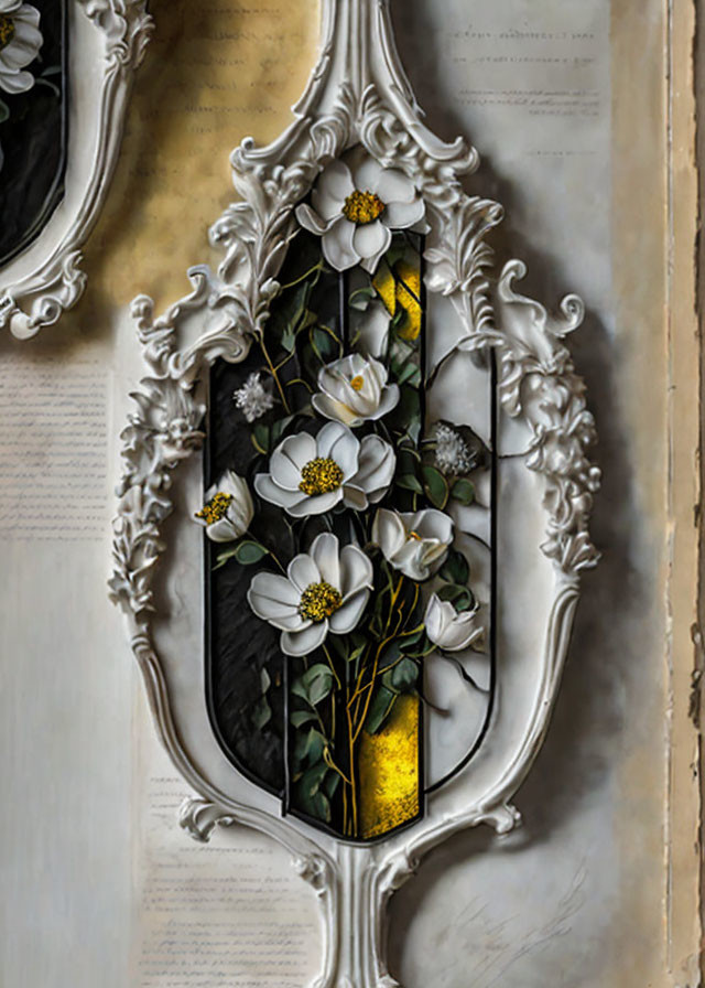 Ornate White Frame with Decorative Floral Relief Encasing White Flowers on Yellow and Black Background