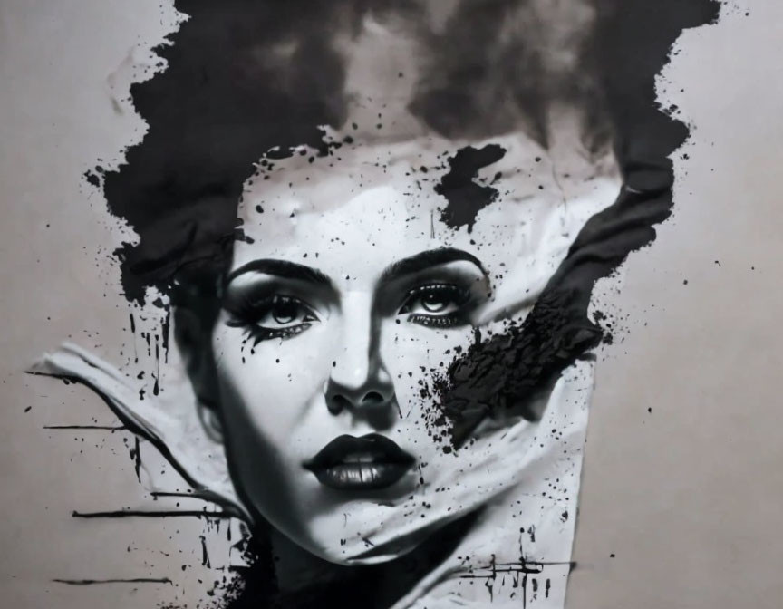 Monochrome portrait of a woman's face with expressive eyes and disintegrating effect merging with abstract black