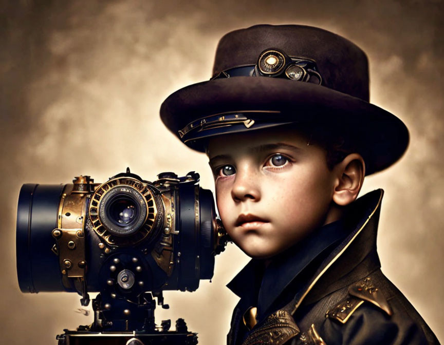 Vintage Outfit Boy with Steampunk Hat by Antique Camera