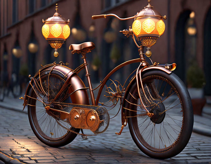 Stylized ornate bicycle with glowing lanterns on cobblestone street at dusk