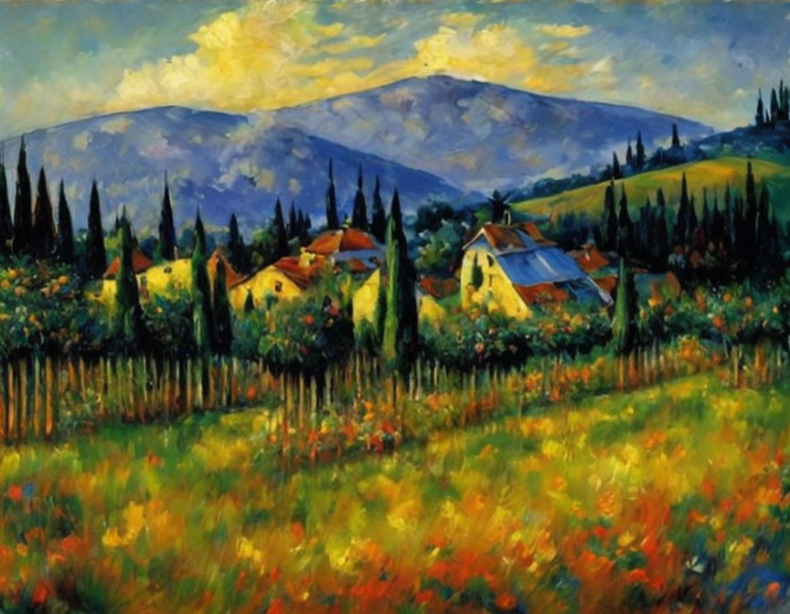 Vibrant impressionist painting of rural landscape with rolling hills