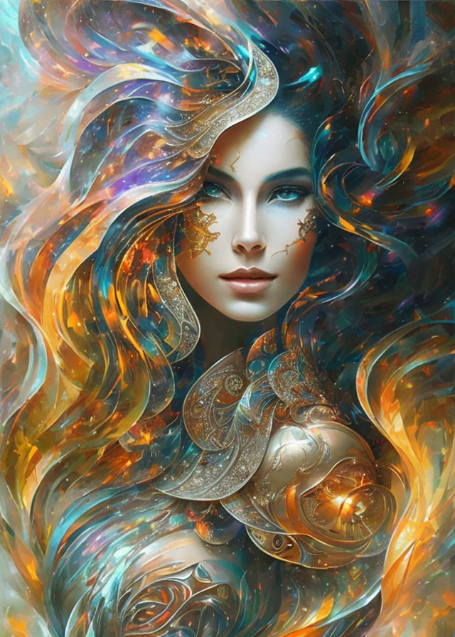 Multicolored hair and gold face patterns on mystical woman with blue eyes