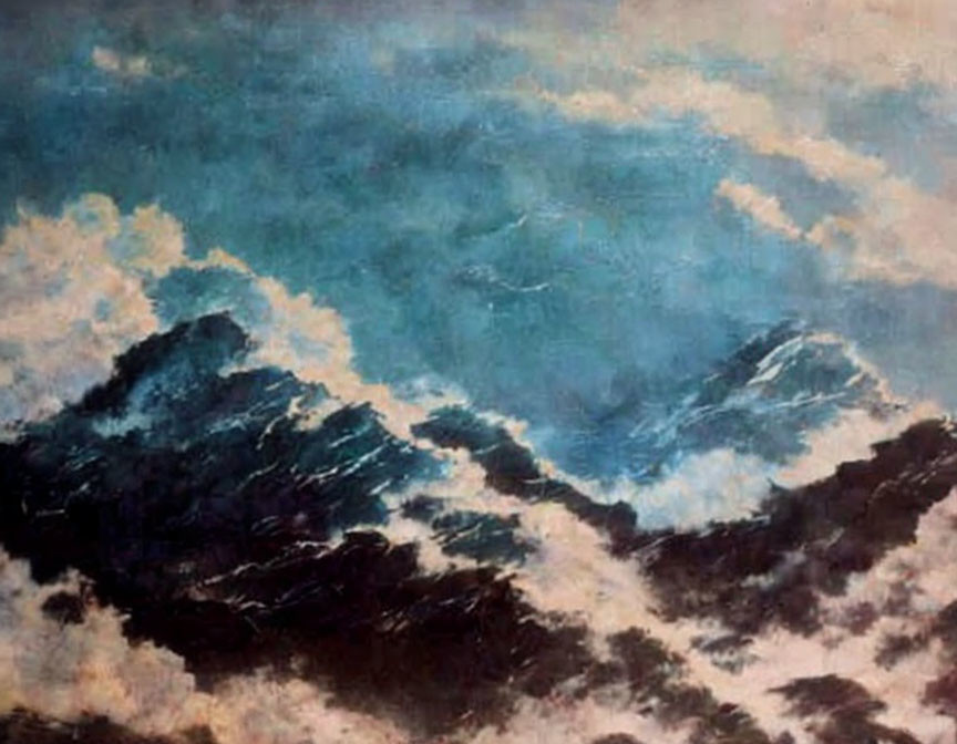 Impressionistic painting: Dark blue sea waves, white foam, stormy sky