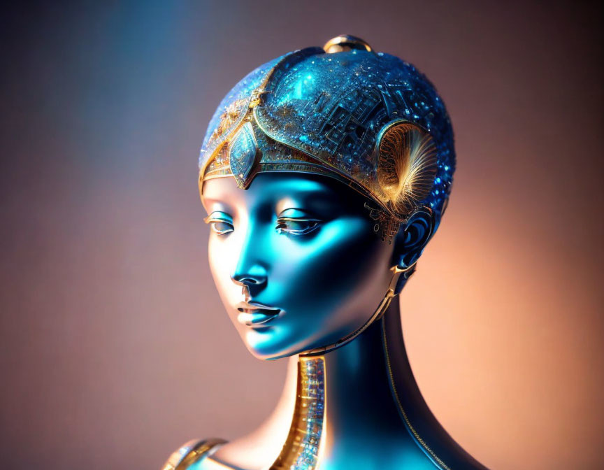 Female android bust with cosmic-patterned headpiece and blue complexion on warm background