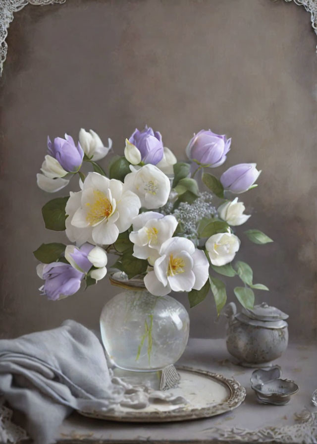 White and Purple Flowers in Clear Vase on Draped Cloth with Vintage Tableware